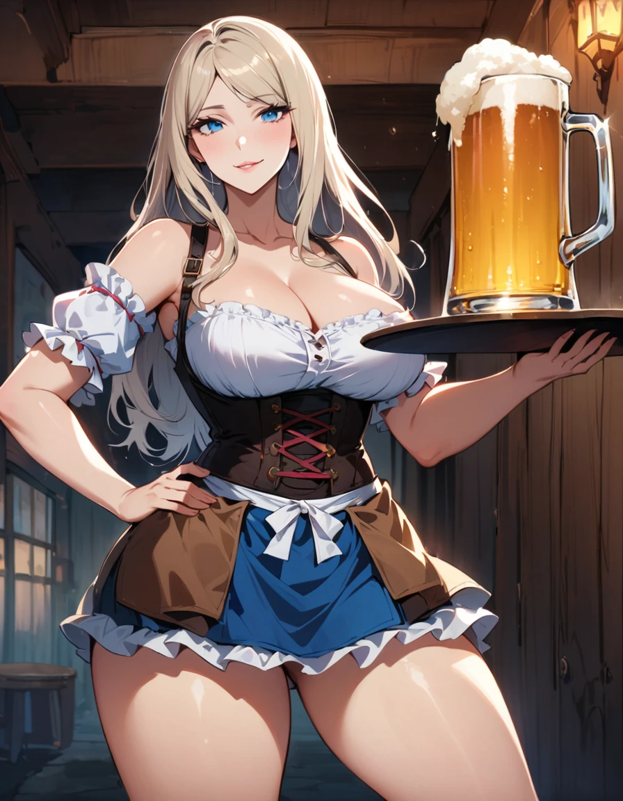 Bavarian woman, long light hair, Blue eyes, curvy body, Short skirt, Dirndl dress, partially bare chest, stands with a tray, on the podnose sososki, and a glass of beer