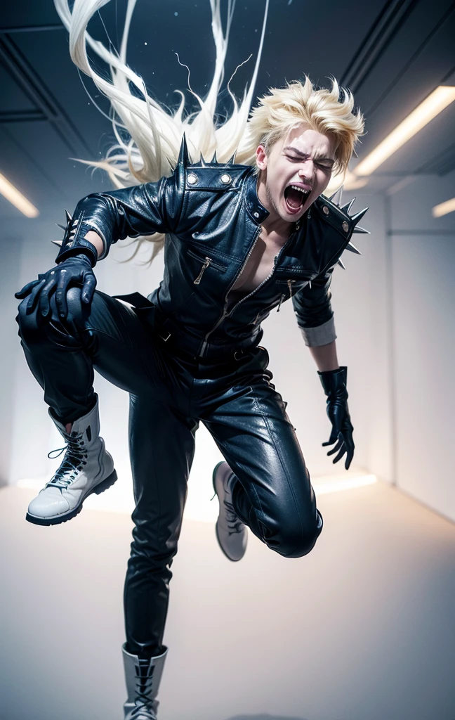 Man screaming with his eyes closed, he is flying and his clothes are disintegrating as he is about to explode with energy. Spiky golden hair, dark blue outfit, long white gloves, and a futuristic white boot with golden tips.