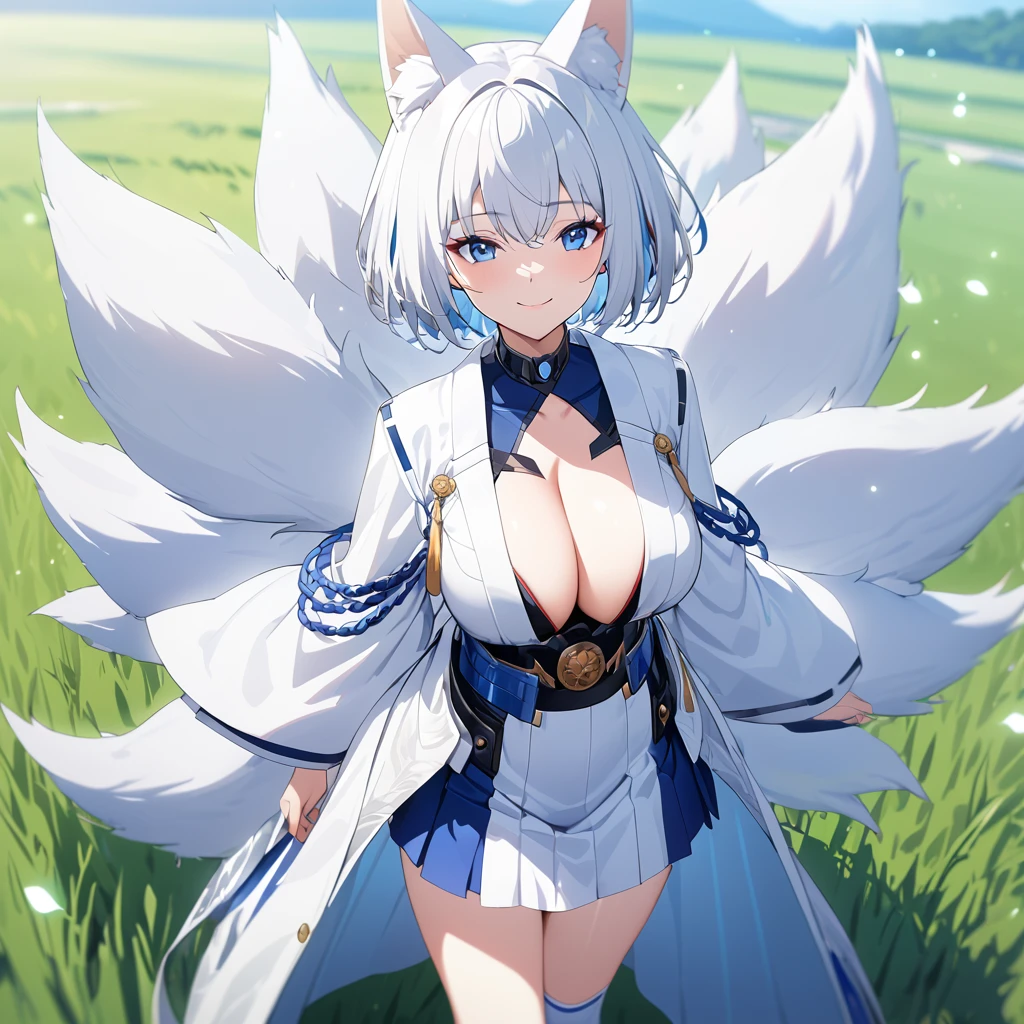 A woman wearing a long white coat with blue details, white kimono, short blue skirt, Japanese aesthetics, long white socks, red heels, blue eyes, white hair, short hair, kitsune ear, kitsune tail, multi tail, blue flames around, in an open field, blue flames. smiling, big breasts. UHD, prime work, accurate, anatomically correct, textured skin, super details, high quality, best quality, 8k, high resolution, bokeh effect. (woman alone)
