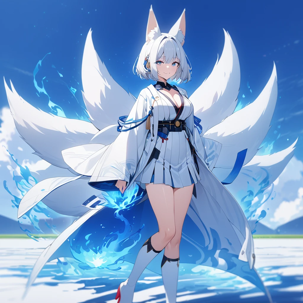 A woman wearing a long white coat with blue details, white kimono, short blue skirt, Japanese aesthetics, long white socks, red heels, blue eyes, white hair, short hair, kitsune ear, kitsune tail, multi tail, blue flames around, in an open field, blue flames. smiling, big breasts. UHD, prime work, accurate, anatomically correct, textured skin, super details, high quality, best quality, 8k, high resolution, bokeh effect. (woman alone)
