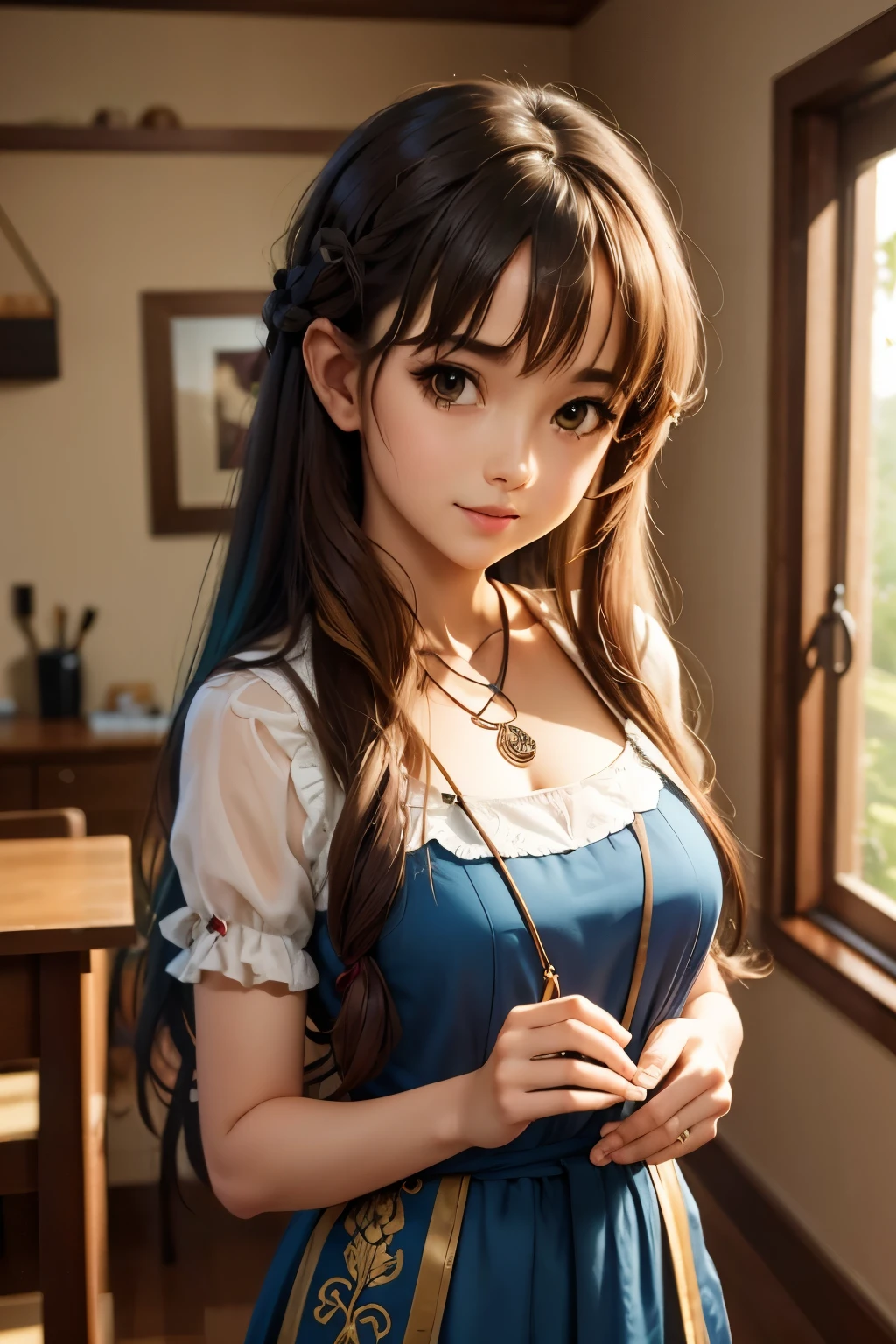 best quality, mastery, detailed hair, highres, (((yunyun))) ,necklace, hair ornament, (Beautiful face), blue dress, looking at viewer, blue hair, standing, (Above waist),Medusa