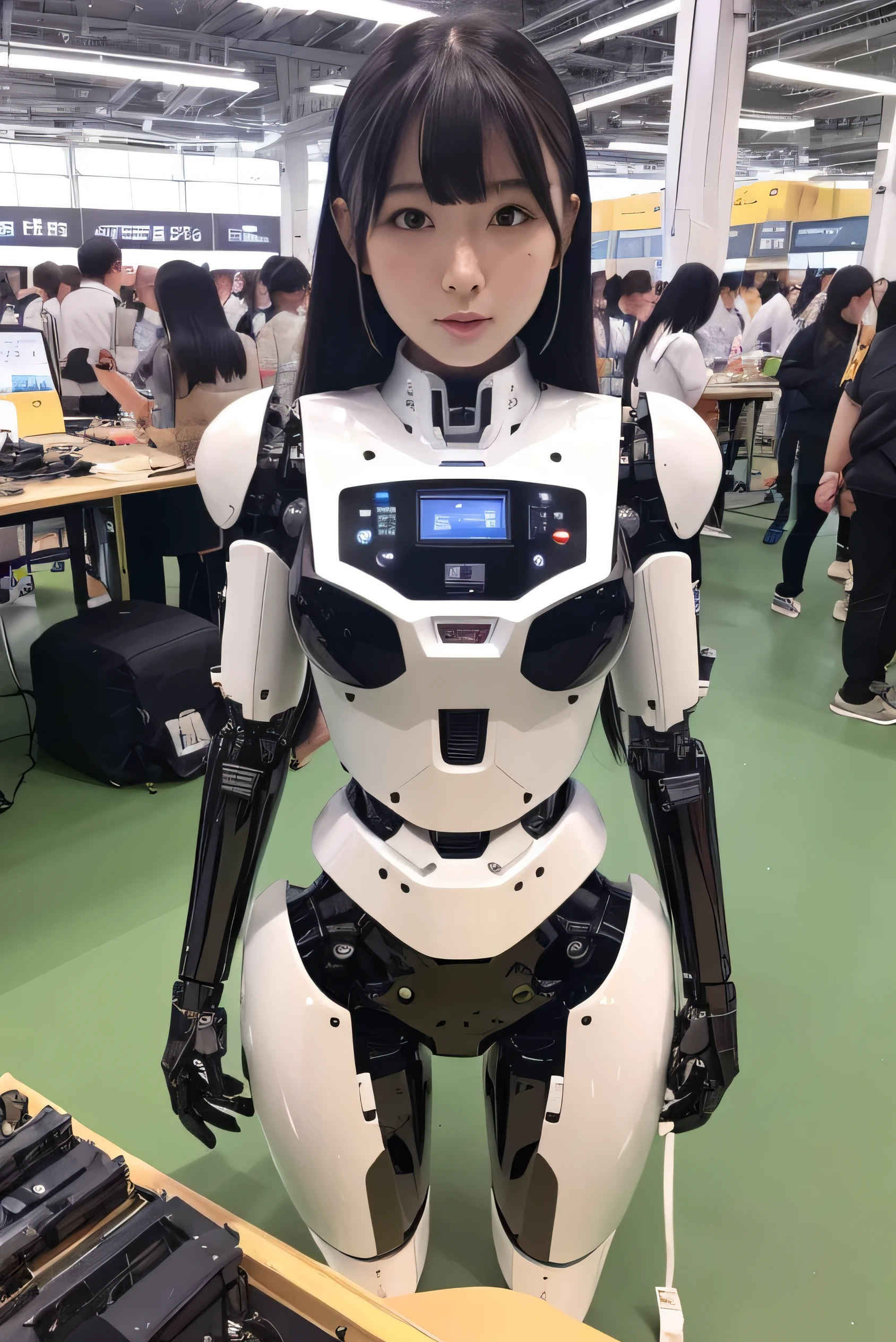 masterpiece, best quality, extremely detailed, Japaese android girl,Plump,chubby,fat,control panels,android,Droid,Mechanical Hand, Robot arms and legs, Black hair,Blunt bangs,perfect robot girl,long tube,thick cable connected her neck,android,robot,humanoid,cyborg,japanese cyborg girl ,robot-assembly plant,She is assembling now,assembly scene