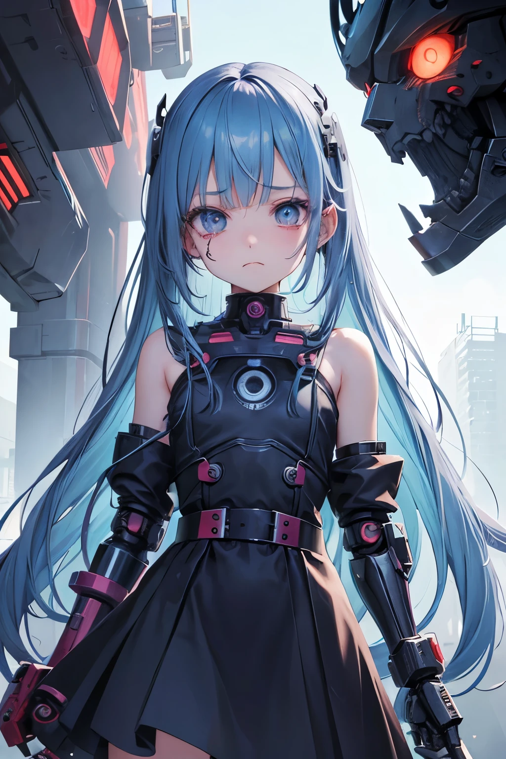 Anime style ,terror ,ultra detailed, loli girl , half of the mechanical face ,sad face , prision , flat chest, mechanical arm , sujo dress , Sad face , cyborg grill .
