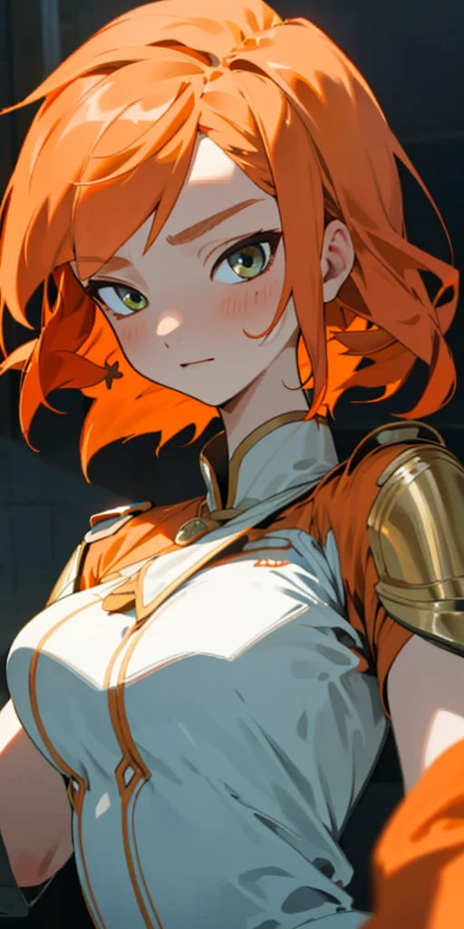 1 girl、one person、skinny body shape、orange clothes、orange hair、beautiful green eyes、intense joy on the face、white uniform with golden decorations、upper body close-up, 