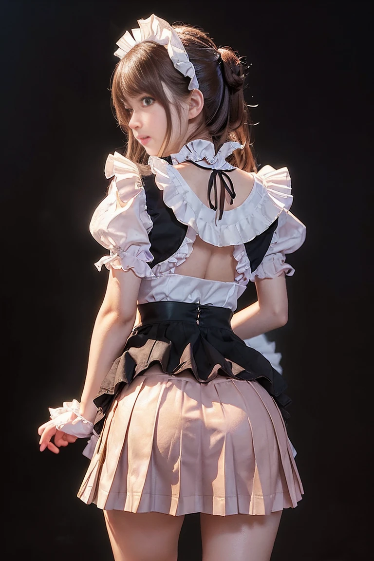 (Highest quality, Super detailed, High resolution, 8K images),(One Girl), Brown Hair, Great face and eyes, Pink Eyes, Captivating smile, (Frilled maid cafe costume, Pleated mini skirt:1.5), (Wide open maid cafe costume:1.2), Exposed breasts, (Amazingly beautiful girl), Brown Hair, Fashionable hair ornaments、 (Showing panties:1.3) ,((Show me your)), ((Stick your butt out)),(Squat with legs apart), Fine and beautiful eyes,Perfect Proportions,(Overflowing big),(A full-body shot from behind), Very beautiful and cute girl,22 years old,(anime),Kamimei, Pitch black background,(Solid black background),alone,
