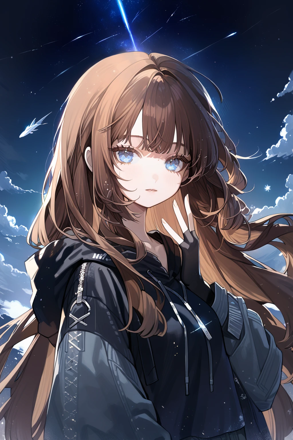 1 girl, CuteStyle, blue eyes, brown hair, long hair with bangs, upper body, flowing hair, dressed in a black hoodie and gray jeans, black fingerless gloves, looking at the viewer, calm gaze, sky, night sky, sky studded with stars, comets, dark, detailed, beautiful, delicate tones