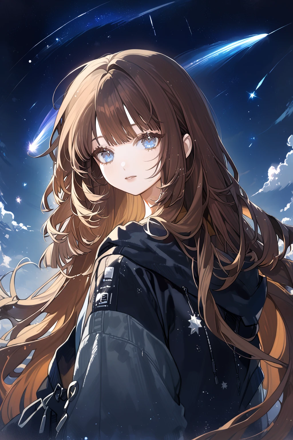 1 girl, CuteStyle, blue eyes, brown hair, long hair with bangs, upper body, flowing hair, dressed in a black hoodie and gray jeans, black fingerless gloves, looking at the viewer, calm gaze, sky, night sky, sky studded with stars, comets, dark, detailed, beautiful, delicate tones