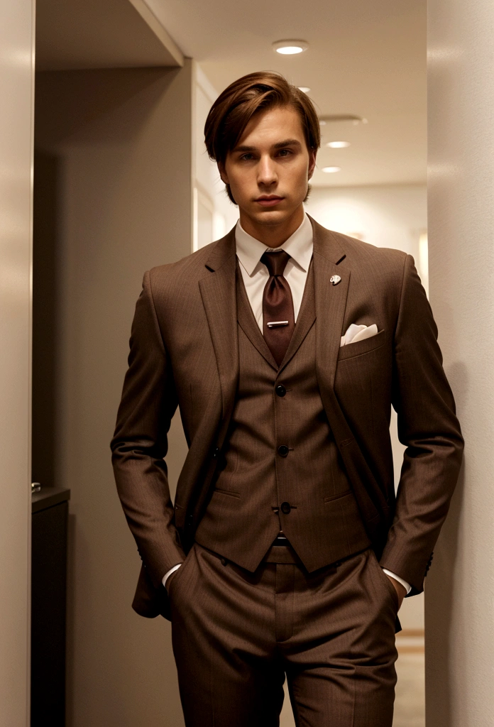interesting, 27 year old athletic man, medium length brown hair and slim suit, Using the cellphone