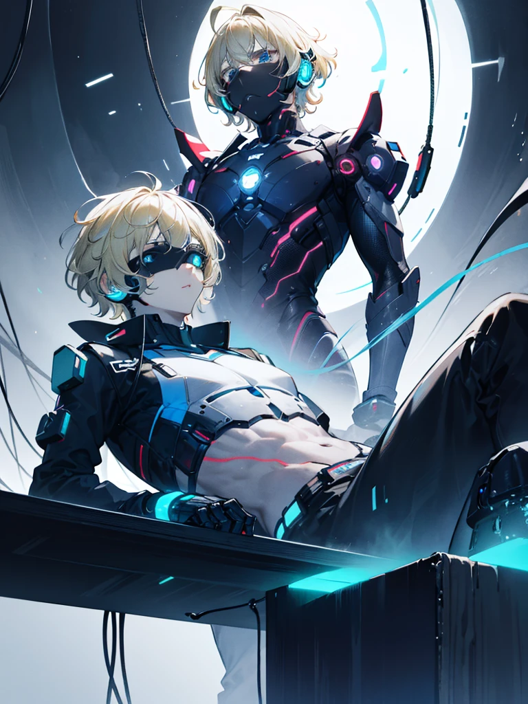 A handsome teenage boy with blonde short messy hair, blue eyes, beautiful detailed eyes, beautiful detailed lips, extremely detailed eyes and face, turned into a cyborg, wearing a futuristic headset, cyborg crop top armor, mind control device installed on head, blue glass-like futuristic visor, lying on a futuristic table, in a futuristic lab setting, futuristic technology, mind control device connected, best quality, 8k, highres, masterpiece, ultra-detailed, realistic, photorealistic, photo-realistic, HDR, UHD, studio lighting, ultra-fine painting, sharp focus, physically-based rendering, extreme detail description, professional, vivid colors, bokeh, sci-fi, concept art