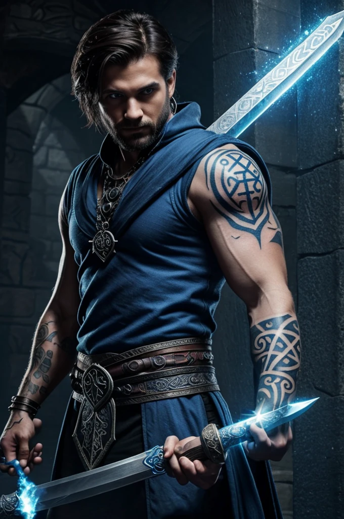 Sorcerer with arms tattooed with runes and a sword made of blue magic