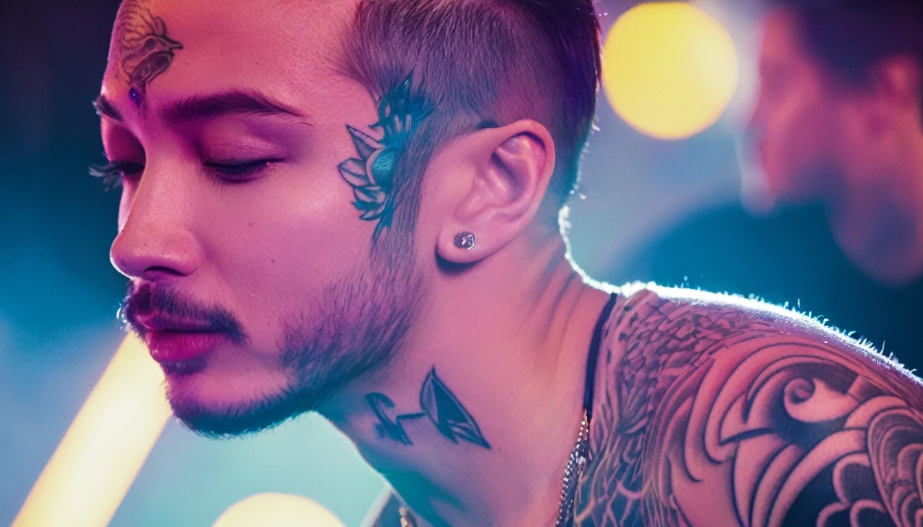 1man, (j balvin:1), (detailed body tattoo: 1.4), (detailed music club: 1.4), ((cinematic light)), (detailed faces: 1.4), highres, RAW photo 8k uhd, dslr, (bloom:1.1), (club with people dancing and enjoying the parties,) upbeat music playing in the background, vibrant and energetic atmosphere, vivid colors, happy face), (smoother lighting:1.05), (increase cinematic lighting quality:0.9),