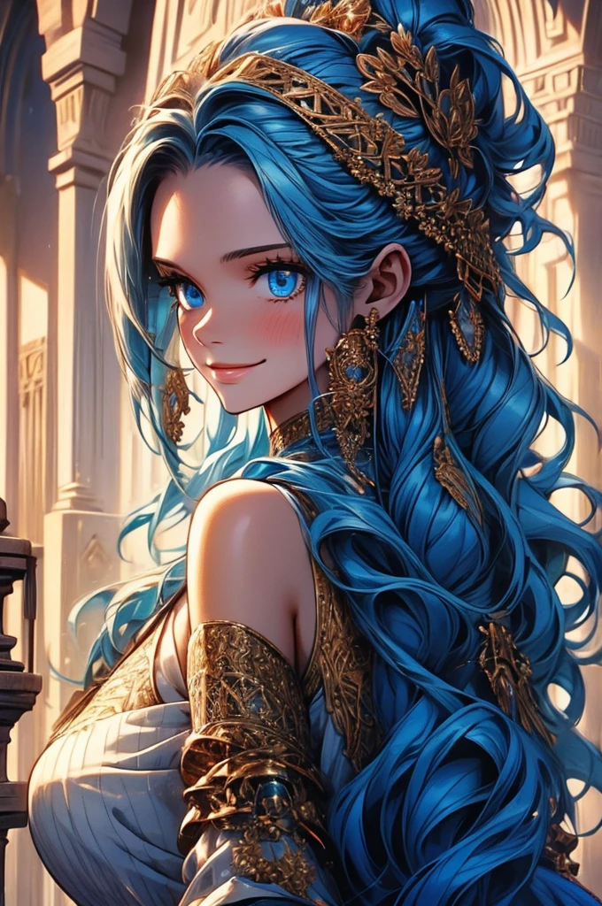 Masterpiece, ((Ultra detailed backgrounds, Delicate pattern, intricately details)), (Highly detailed, Fine details), Best quality, 1girll, Long hair, cleavage,Large breasts,Off-the-shoulder attire,Blue hair, Solo, jewelry, Earrings, pony tails, hair adornments, necklace, sky, Blue eyes, complex detailed background, outside, Sunny, desert town environment, hair lift, with hands behind her back, Smile,sexyposture