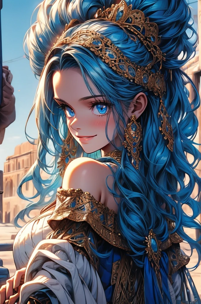Masterpiece, ((Ultra detailed backgrounds, Delicate pattern, intricately details)), (Highly detailed, Fine details), Best quality, 1girll, Long hair, cleavage,Large breasts,Off-the-shoulder attire,Blue hair, Solo, jewelry, Earrings, pony tails, hair adornments, necklace, sky, Blue eyes, complex detailed background, outside, Sunny, desert town environment, hair lift, with hands behind her back, Smile,sexyposture