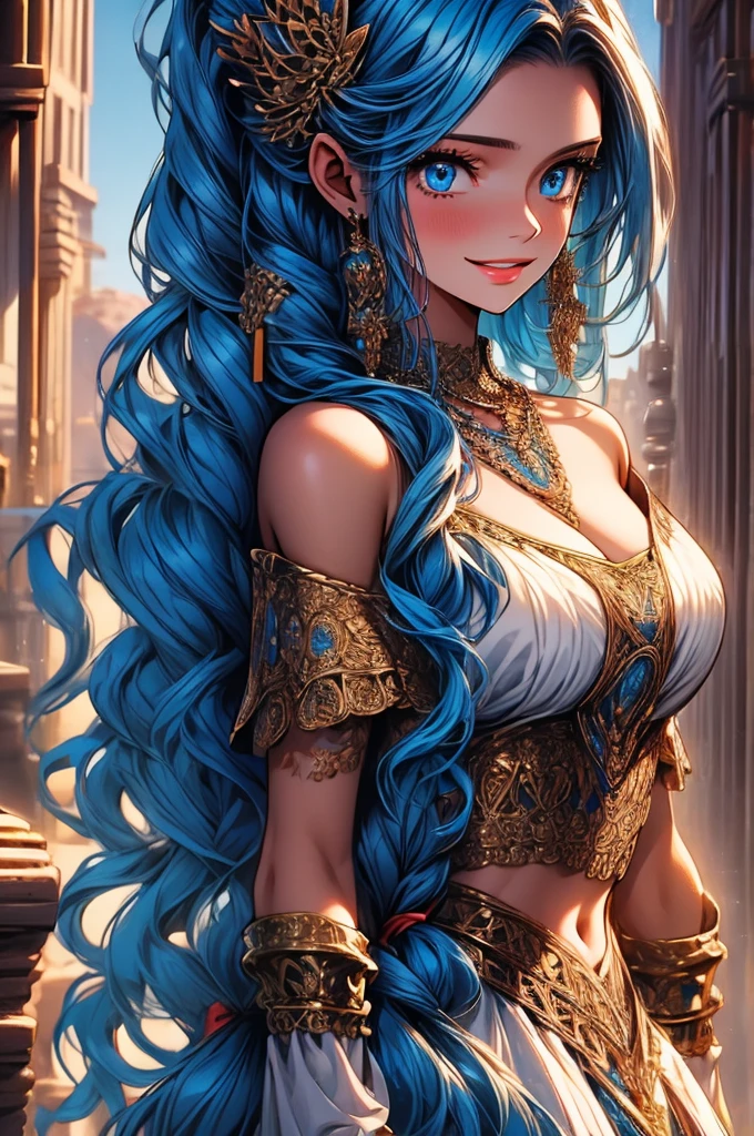Masterpiece, ((Ultra detailed backgrounds, Delicate pattern, intricately details)), (Highly detailed, Fine details), Best quality, 1girll, Long hair, cleavage,Large breasts,Off-the-shoulder attire,Blue hair, Solo, jewelry, Earrings, pony tails, hair adornments, necklace, sky, Blue eyes, complex detailed background, outside, Sunny, desert town environment, hair lift, with hands behind her back, Smile,sexyposture