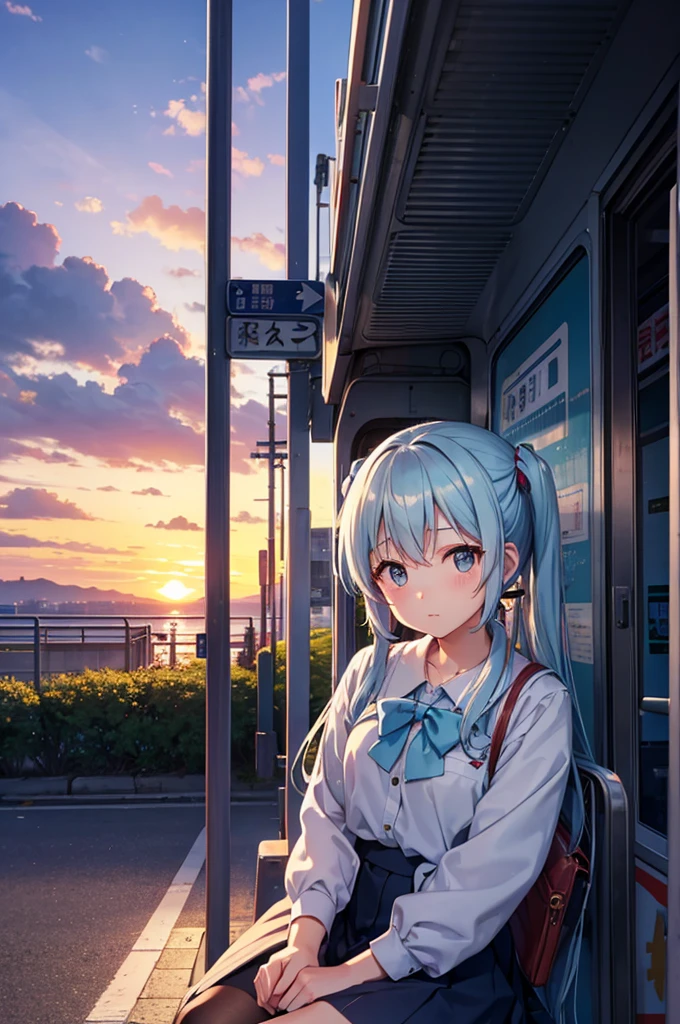 A bus stop with a view of the sunset、Light blue long hair、Beautiful girl with twin tails、Sitting at the bus stop waiting for the bus、Vivid twilight、Face Highlights