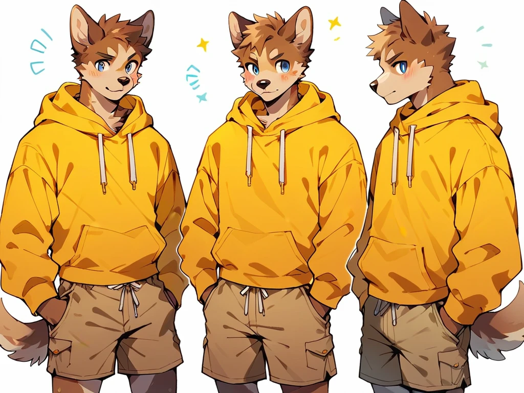 score_9, score_8_up, score_7_up, high quality, hires, anthro, male, domestic dog, brown fur, blue eyes, yellow hoodie, brown shorts, white background,