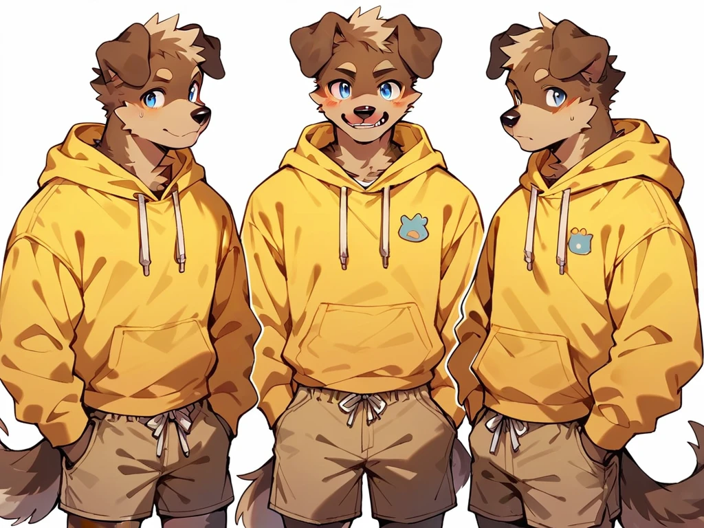 score_9, score_8_up, score_7_up, high quality, hires, anthro, male, domestic dog, brown fur, blue eyes, yellow hoodie, brown shorts, white background,