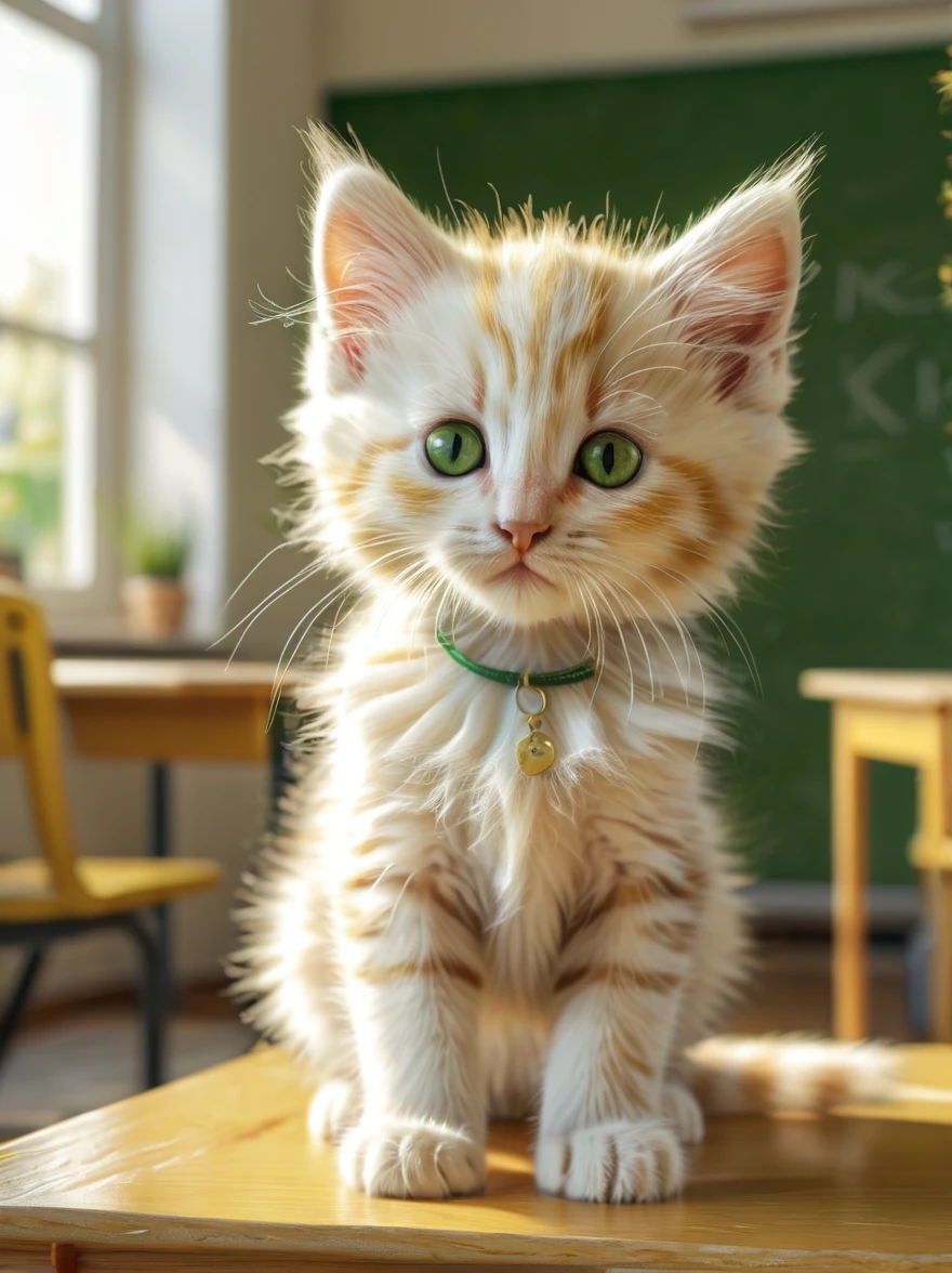a beautiful white yellow striped fluffy kitten with green eyes, kitten in a school room, realistic, highly detailed, 4k, photorealistic, hyperrealistic, 8k, masterpiece, intricate details, natural lighting, soft focus, cute, adorable, feline, furry , playful , dynamic pose