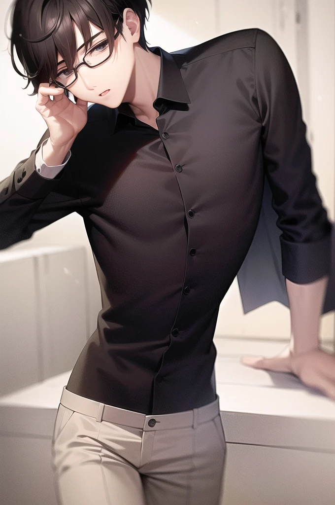 Boy in glasses with black shirt elegant posture