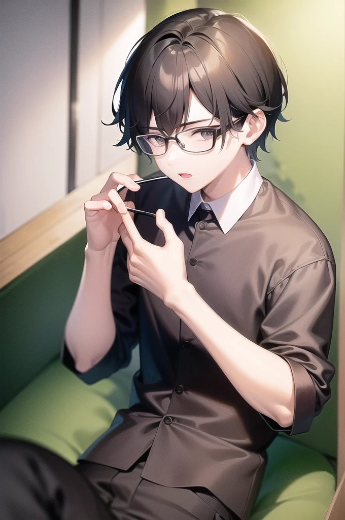 Boy in glasses with black shirt elegant posture