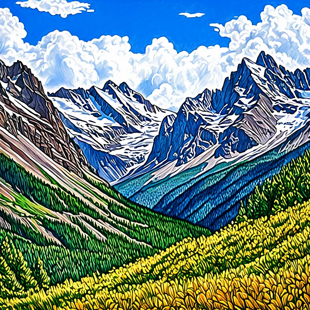 Snow-white Rocky Mountains, blue skies, faraway and majestic views, rough sketch style, coloring in colored pencil, top quality images.