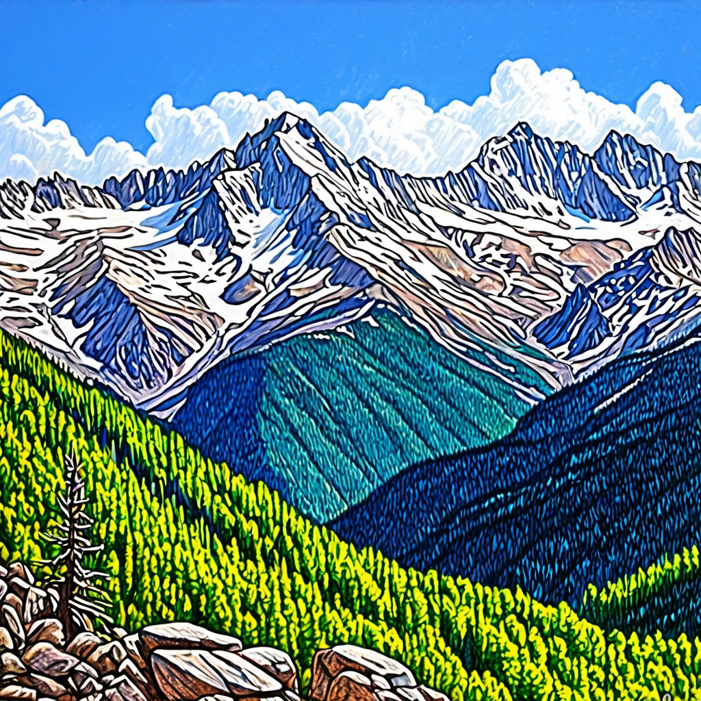 Snow-white Rocky Mountains, blue skies, faraway and majestic views, rough sketch style, coloring in colored pencil, top quality images.
