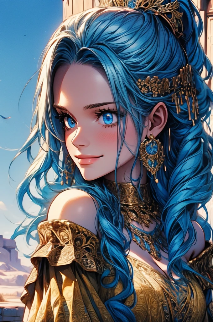 Masterpiece, ((Ultra detailed backgrounds, Delicate pattern, intricately details)), (Highly detailed, Fine details), Best quality, 1girll, Long hair, cleavage,Large breasts,Off-the-shoulder attire,Blue hair, Solo, jewelry, Earrings, pony tails, hair adornments, necklace, sky, Blue eyes, complex detailed background, outside, Sunny, desert town environment, hair lift, with hands behind her back, Smile,sexyposture