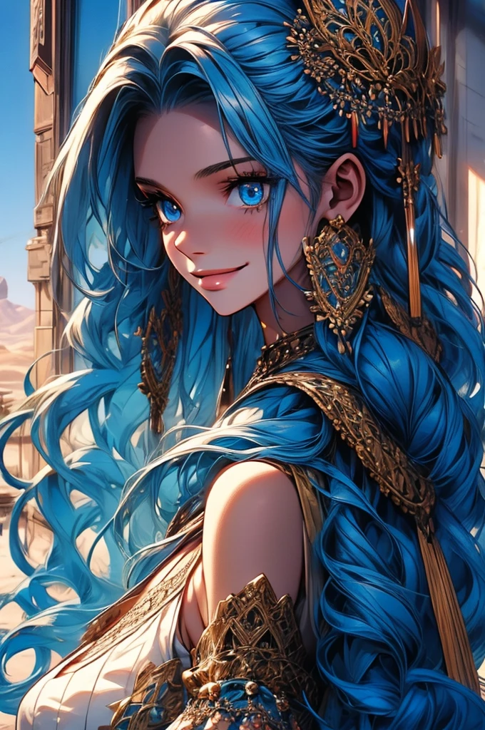 Masterpiece, ((Ultra detailed backgrounds, Delicate pattern, intricately details)), (Highly detailed, Fine details), Best quality, 1girll, Long hair, ，Large breasts，-shoulder attire，Blue hair, Solo, jewelry, Earrings, pony tails, hair adornments, necklace, sky, Blue eyes, complex detailed background, outside, Sunny, desert town environment, hair lift, with hands behind her back, Smile,sexyposture
