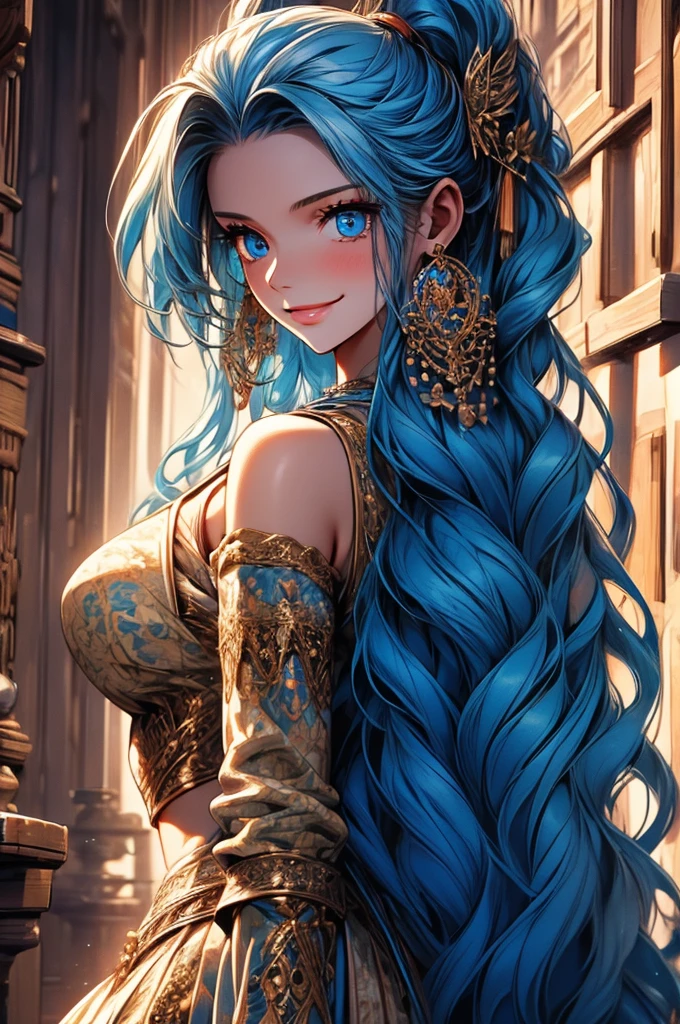 Masterpiece, ((Ultra detailed backgrounds, Delicate pattern, intricately details)), (Highly detailed, Fine details), Best quality, 1girll, Long hair, cleavage，Large breasts，Off-the-shoulder attire，Blue hair, Solo, jewelry, Earrings, pony tails, hair adornments, necklace, sky, Blue eyes, complex detailed background, outside, Sunny, desert town environment, hair lift, with hands behind her back, Smile,sexyposture