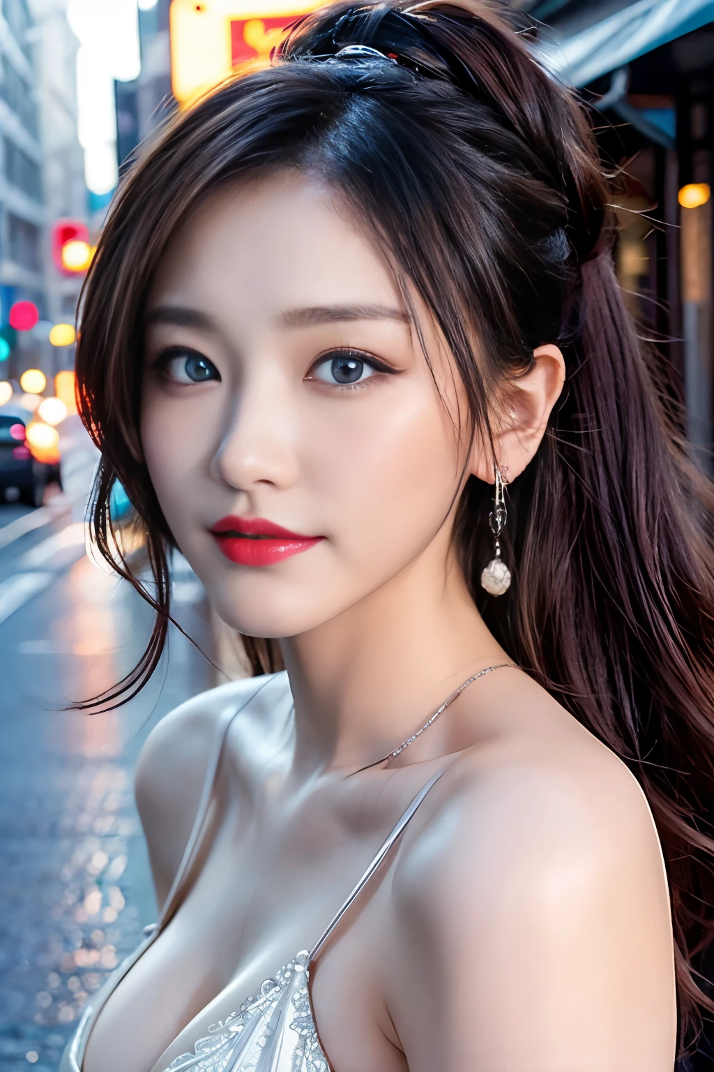 Urban beautiful girl college student, masterpiece, (nsfw:1.5)、Cleavage、light makeup, Red lips, Silver Hair, Disheveled long hair, Street background, beautiful, elegant. Extremely fine detail, Master Works, Authentic texture, Realism in film lighting, Perfect job, 16K, High resolution, exquisite features,blue eyes、Japanese Idols、beautiful顔、Cute Smile、Brown Hair、beautiful hair、ponytail、Shiny skin、Sunburned skin、Shining black skin、 Bright big eyes, Smooth Skin, Earrings, necklace、