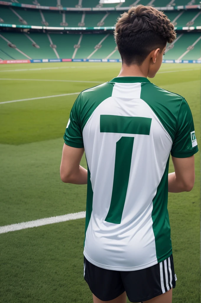 Create an image of a ager with his back looking at a football field with a green Palmeiras shirt on the back with André number 10 written on it and a white cap