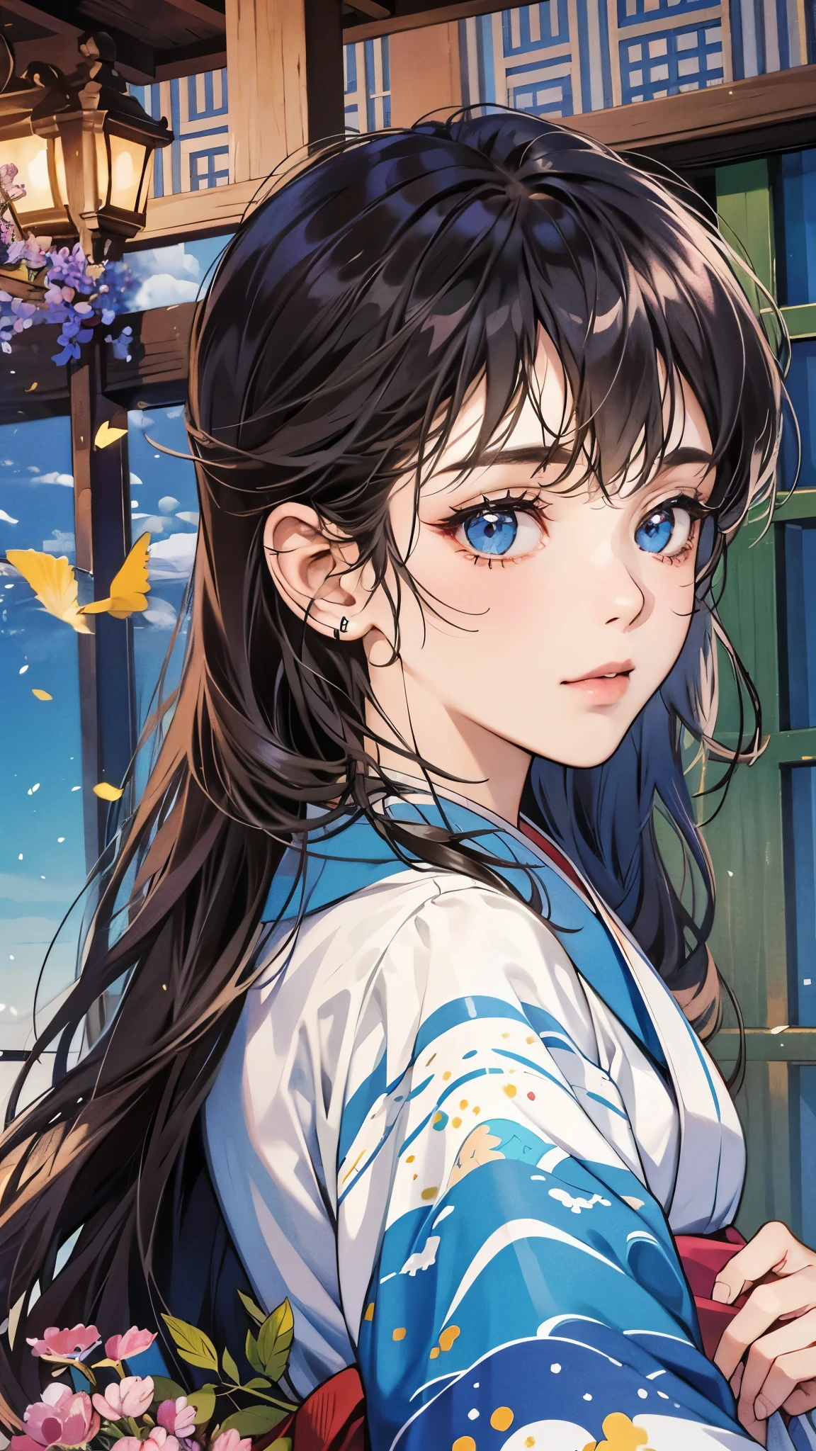 Top quality masterpiece:1.2Ultra high definition、High resolution、Ultra HD Detailed Backgrounds:1.37 Detailed Eyes:1.5、With beautiful detailed eye feel:1.2、Style 1 Girl:1.2 people、Young girl:1.2 people 美少女:1.37、Long Hair Girl:1.4。Expressive Face:1.5、Expressive Faceの着物姿:1.2、Retro kimono Mount Fuji scenery:1.37、Outdoor、Beautiful clear sky:1.4、On a hill overlooking the sea