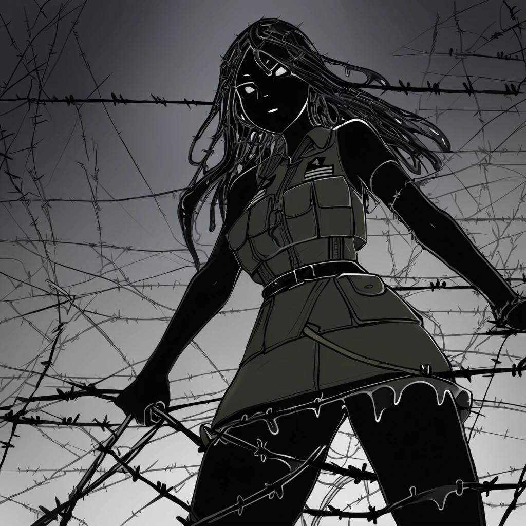 A slime girl with translucid ebony-black skin dressed in a army outfit and covered in barbed wire at night in a battlefield covered in abatis and barbed wire in black aesthetic art style
