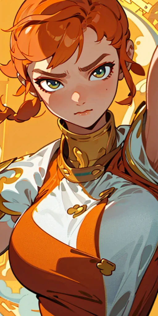 1 girl、one person、skinny body shape、orange clothes、orange hair、beautiful green eyes、intense joy on the face、white uniform with golden decorations、upper body close-up, style of Chun-li clothes