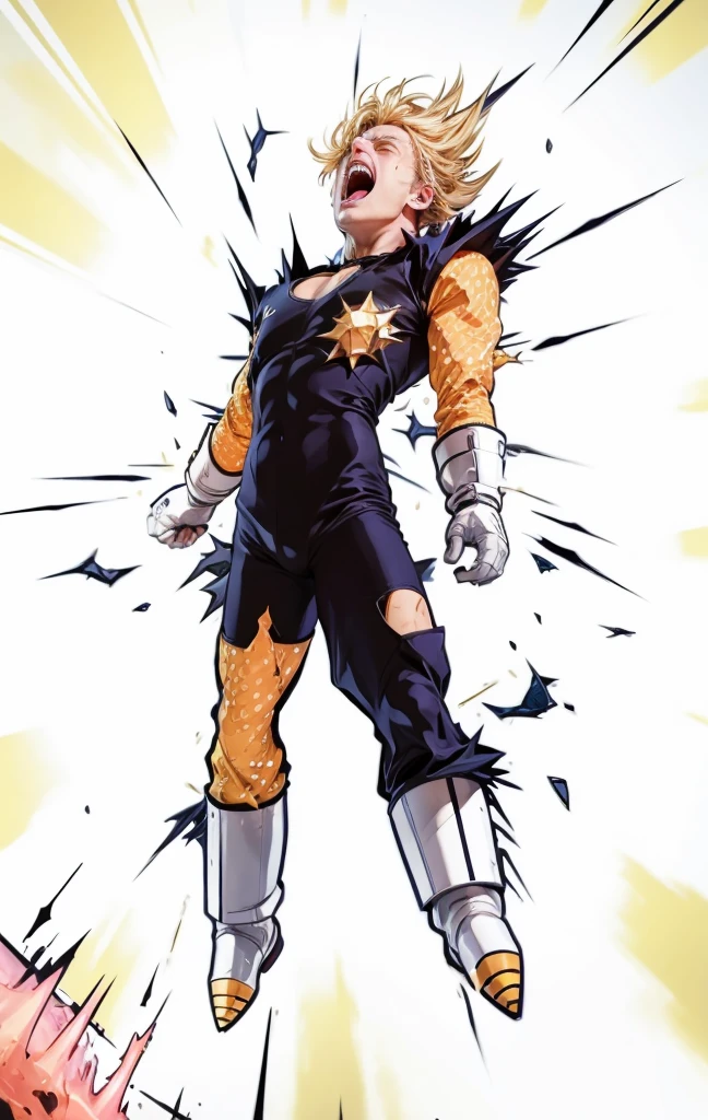 Man screaming with his eyes closed, he is flying and his clothes are disintegrating as he is about to explode with energy. Spiky golden hair, dark blue outfit, long white gloves, and a futuristic white boot with golden tips.