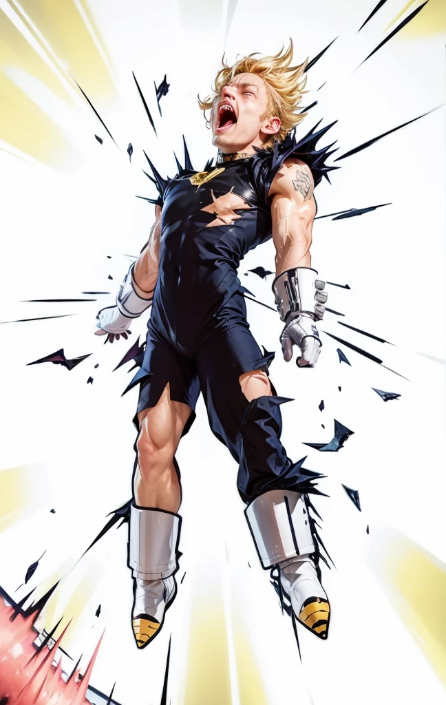 Man screaming with his eyes closed, he is flying and his clothes are disintegrating as he is about to explode with energy. Spiky golden hair, dark blue outfit, long white gloves, and a futuristic white boot with golden tips.