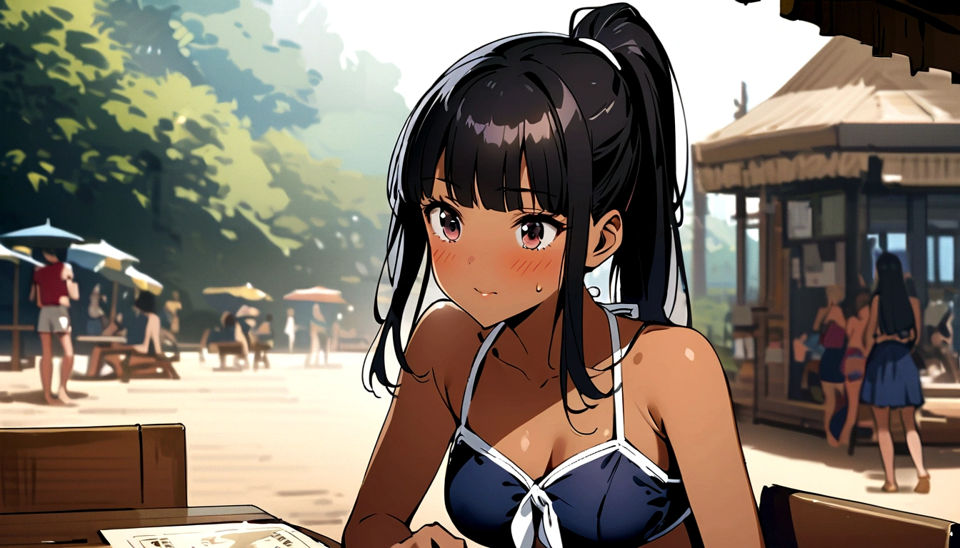 Sunburn、Tan Skin、Embarrassed、1 girl、Navy blue school swimwear,ponytail、blunt bangs、Black Hair、super fine illustration,(((beautiful fine hair))),(((beautiful fine face))),(((beautiful fine background))),Midsummer、beachBlack Hair、student、bikini、ponytail、blunt bangs、Cross-eyed