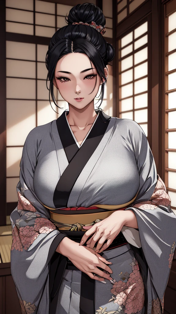 (best quality), (very aesthetic), (ultra-detailed), (best illustration),(realistic), 1 girl, solo, fine texture,black hair,single hair bun,Shiny hair,large breasts,eye makeup, Perfect Makeup, (random color kimono1.2),Japanese-style room