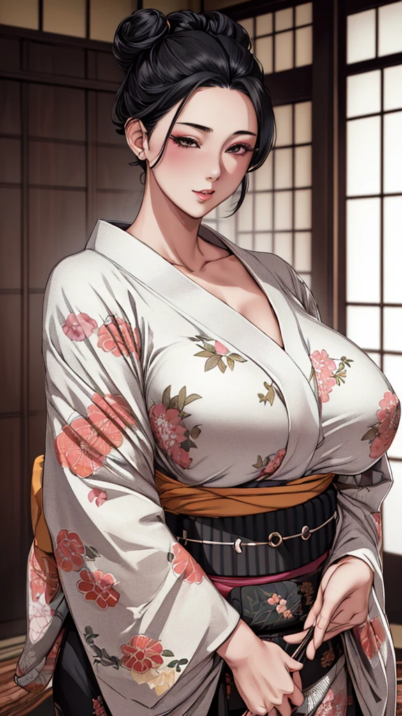 (best quality), (very aesthetic), (ultra-detailed), (best illustration),(realistic), 1 girl, solo, fine texture,black hair,single hair bun,Shiny hair,large breasts,eye makeup, Perfect Makeup, (random color kimono1.2),Japanese-style room