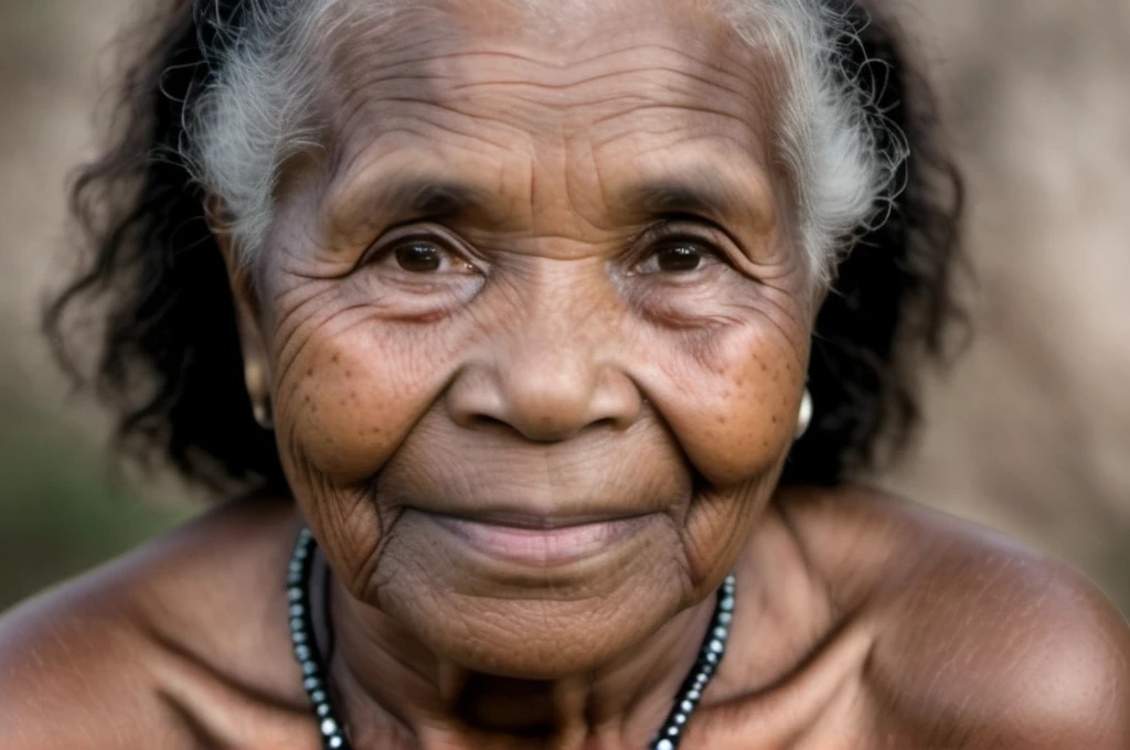 professional close up photography of 95 yo aborigines woman, skin with dimples and moles, background farm