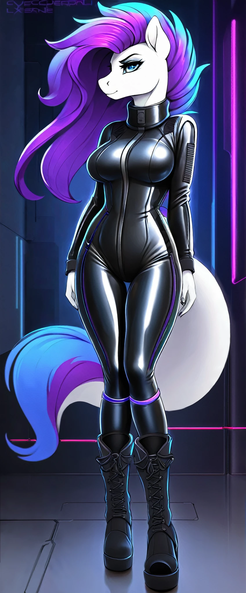 a ((full body)) cartoon picture of an anthropomorphic, android (((pony:0.9))), cyberpunk style, (((shiny latex cyberpunk neck-entry full bodysuit:1.5))), (((techwear jacket on top:0.9))), (((calf-high boots))), generic MLP style, professional drawing, female anthro pony, medium breasts, ((frowning)), (((semi realistic cream white fur))), (((detailed eyes:1.0))), electric blue colored cyberpunk mane and tail with violet tips.
