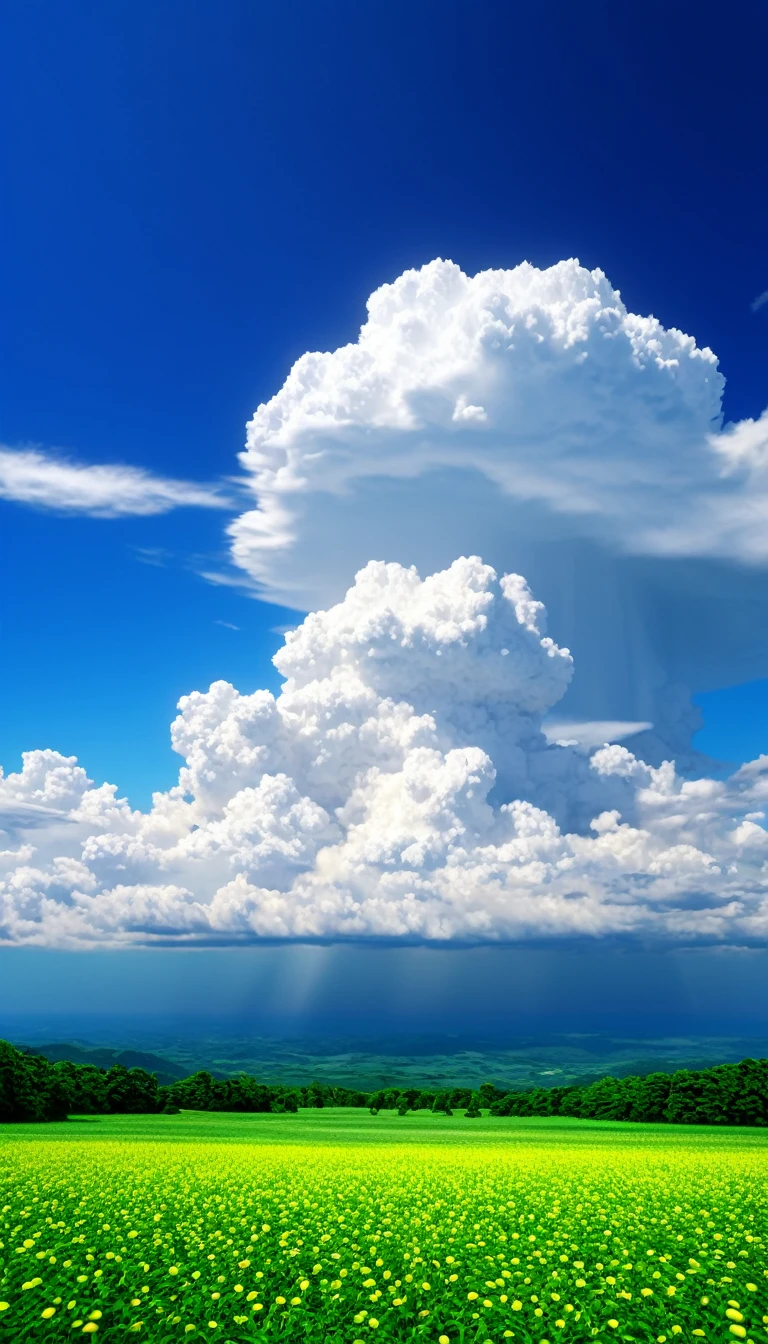 Sky-only image、Summer sky,Realistic,Very realistic,Extreme Detail,Breathtakingly realistic,High contrast realism,High Saturation Realism,Vibrant colors,Dramatic lighting,Fascinating landscape,Persuasive storytelling,Atmospheric scenery,Captivating visuals,Intricate details,Strong emotions,Heavenly Beauty,A dreamlike world、A ray of light pouring down from the sky、Large cumulonimbus clouds