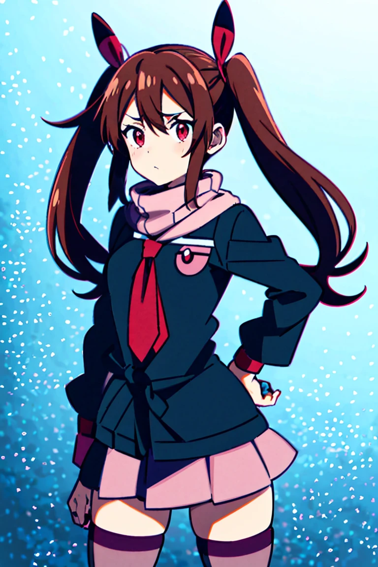 Anime girl , Pokémon anime, a girl with red eyes and brown hair, which is tied up into two pigtails with a red bow, with a small black U-stripe. Roxanne wears pink tights and a small tie-like pink scarf around her neck.