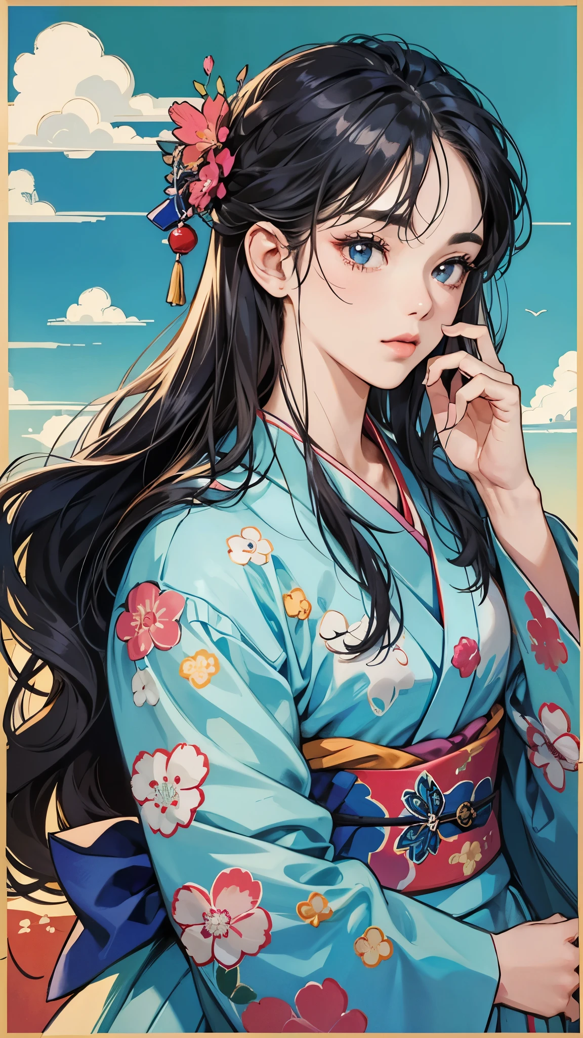 Top quality masterpiece:1.2Ultra high definition、High resolution、Ultra HD Detailed Backgrounds:1.37 Detailed Eyes:1.5、With beautiful detailed eye feel:1.2、Style 1 Girl:1.2 people、Young girl:1.2 people 美少女:1.37、Long Hair Girl:1.4。Expressive Face:1.5、Expressive Faceの着物姿:1.2、Retro kimono Mount Fuji scenery:1.37、Outdoor、Beautiful clear sky:1.4、On a hill overlooking the sea