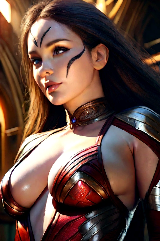 a beautiful woman with large breasts and a curvy figure, detailed facial features, extremely realistic, photorealistic, 8k, best quality, highly detailed, realistic skin texture, realistic hair, stunning lighting, vibrant colors, fantasy art style