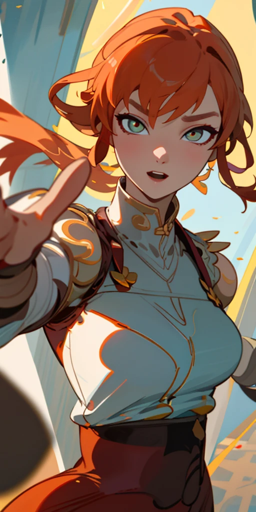 1 girl、one person、skinny body shape、orange clothes、orange hair、beautiful green eyes、intense joy on the face、white uniform with golden decorations、upper body close-up, style of Chun-li clothes