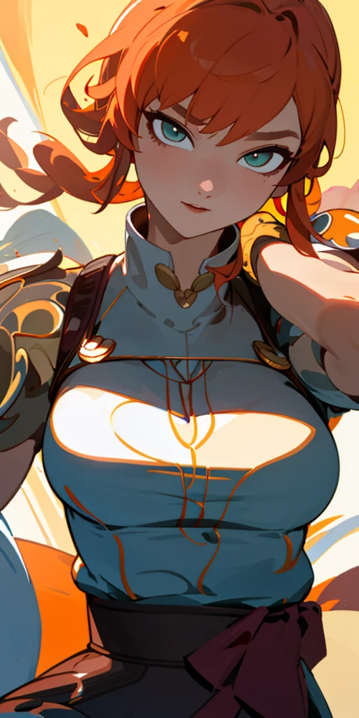 1 girl、one person、skinny body shape、orange clothes、orange hair、beautiful green eyes、intense joy on the face、white uniform with golden decorations、upper body close-up, style of Chun-li clothes