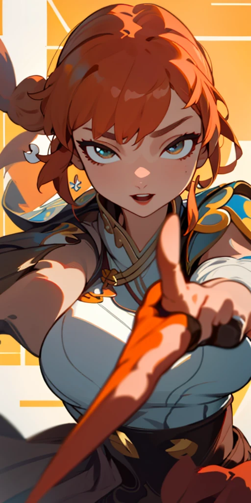 1 girl、one person、skinny body shape、orange clothes、orange hair、beautiful green eyes、intense joy on the face、white uniform with golden decorations、upper body close-up, style of Chun-li clothes