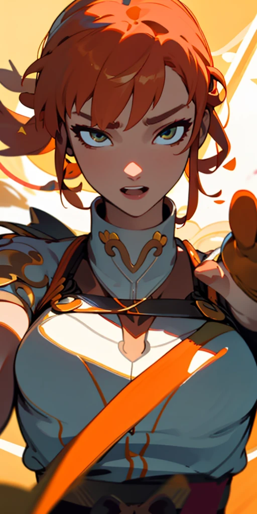 1 girl、one person、skinny body shape、orange clothes、orange hair、beautiful green eyes、intense joy on the face、white uniform with golden decorations、upper body close-up, style of Chun-li clothes