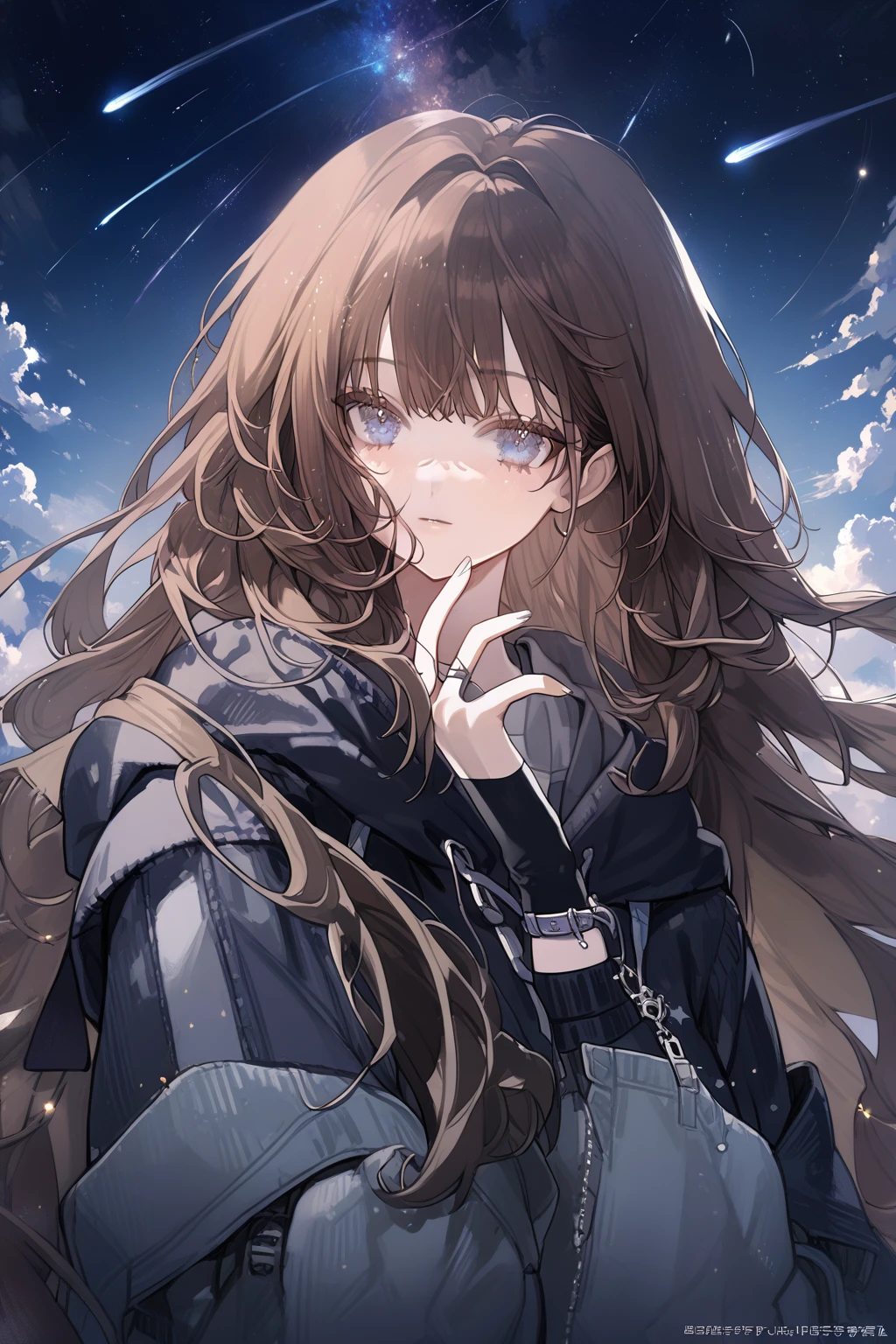 1 girl, CuteStyle, blue eyes, brown hair, long hair with bangs, upper body, flowing hair, dressed in a black hoodie and gray jeans, black fingerless gloves, looking at the viewer, calm gaze, sky, night sky, sky studded with stars, comets, dark, detailed, beautiful, delicate tones

